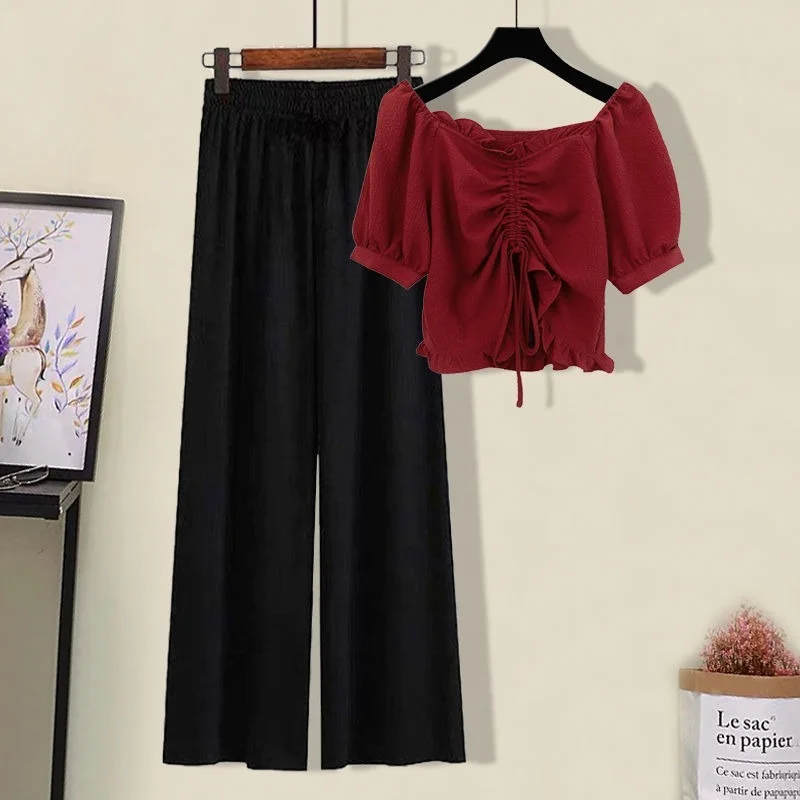 Summer Two Piece Set Fashion Women Sexy Square Neck Drawstring Short Sleeve Tops and High Waist Black Wide Leg Pant Suit X6
Summer Two Piece Set Fashion Women Sexy Square Neck Drawstring Short Sleeve Tops and High Waist Black Wide Leg Pant Suit X6