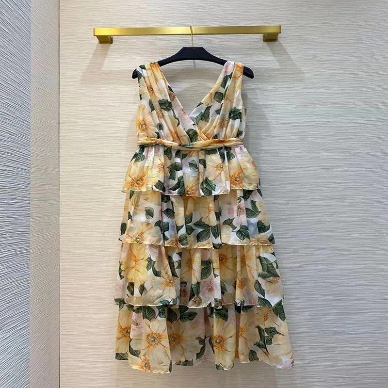 Runway Designer Summer Midi Dress Women's Sexy V-Neck Sleeveless Ruffles Flower Printed High End Holiday Dress
Runway Designer Summer Midi Dress Women's Sexy V-Neck Sleeveless Ruffles Flower Printed High End Holiday Dress