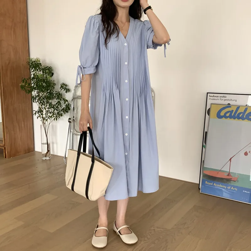 Women Blue Dress Women French Vintage Short Sleeve Dresses Woman Loose Wasit Long Dress Woman V-Neck Button Dresses Plus Size OL
Women Blue Dress Women French Vintage Short Sleeve Dresses Woman Loose Wasit Long Dress Woman V-Neck Button Dresses Plus Size OL