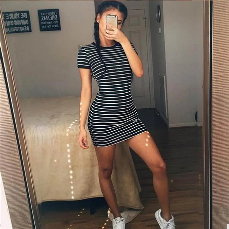Summer Casual Striped O-neck Short-sleeved Dress Black And White Striped Dresses Casual Elegant Sheath Slim Dress
Summer Casual Striped O-neck Short-sleeved Dress Black And White Striped Dresses Casual Elegant Sheath Slim Dress
