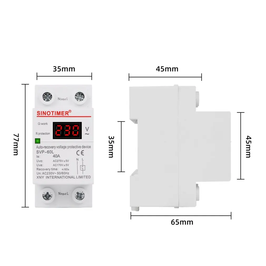 SVP-60L 230V 40A Stable Automatic Recovery Under Voltage Over Voltage Protector Relay Breaker Protective Device LED Display
SVP-60L 230V 40A Stable Automatic Recovery Under Voltage Over Voltage Protector Relay Breaker Protective Device LED Display