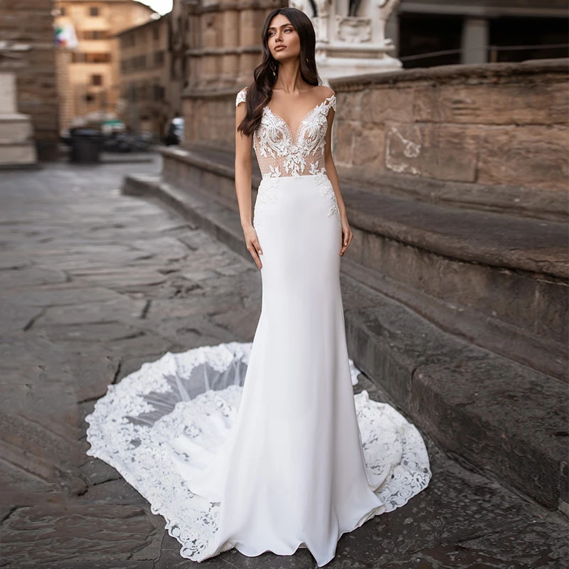 Charming Mermaid Wedding Dresses Sheer Neck Cap Sleeve Lace Appliques Button Satin Bridal Gown Sweep Train Vestidos De Noiva
Charming Mermaid Wedding Dresses Sheer Neck Cap Sleeve Lace Appliques Button Satin Bridal Gown Sweep Train Vestidos De Noiva