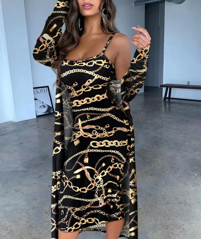 Women Chic Streetwear Outfit Chain Print Spaghetti Strap Midi Dress With Cardigan
Women Chic Streetwear Outfit Chain Print Spaghetti Strap Midi Dress With Cardigan
