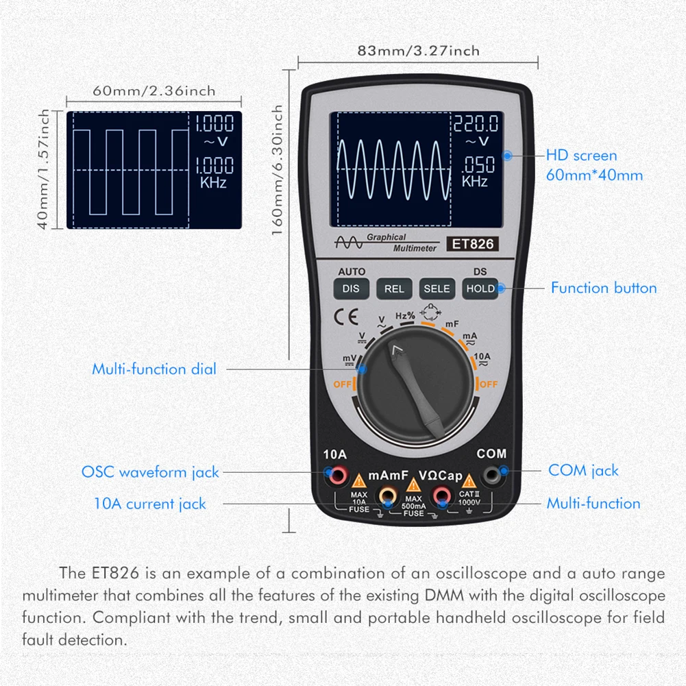 Et826 Intelligent 2 In 1 Digital Storage Scopemeter Multimeter 4 4000 Counts 20khz One Key Auto Oscilloscope Electrical Tester 
Et826 Intelligent 2 In 1 Digital Storage Scopemeter Multimeter 4 4000 Counts 20khz One Key Auto Oscilloscope Electrical Tester