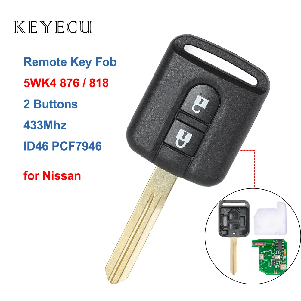 

Keyecu Remote Key Fob 433MHz ID46 PCF7946 2 Button for Nissan Note NV200 Elgrand X-TRAIL Qashqai Navara Micra, 5WK4 876 / 818