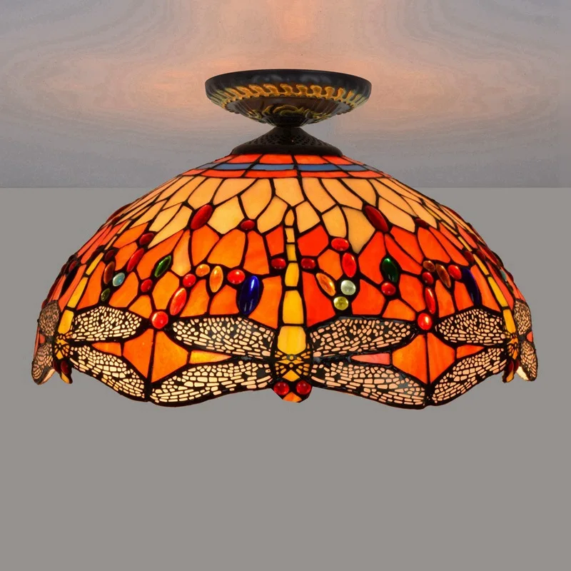 

40cm European-Style Red Dragonfly Tiffany Multi-Color Glass Restaurant Bedroom Aisle Corridor Balcony Glass Ceiling Lamp