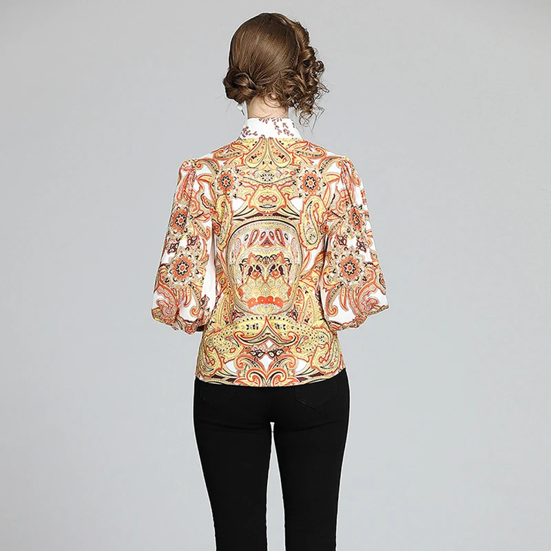 Женская блузка в стиле ретро элегантные топы с длинным рукавом и принтом