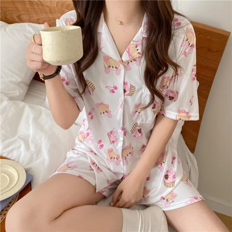 Cartoon Summer Pajamas Set Women Kawaii Funny Print Home Suit Soft Single Breasted Kawaii Shirts + Shorts Sets Two Piece
Cartoon Summer Pajamas Set Women Kawaii Funny Print Home Suit Soft Single Breasted Kawaii Shirts + Shorts Sets Two Piece