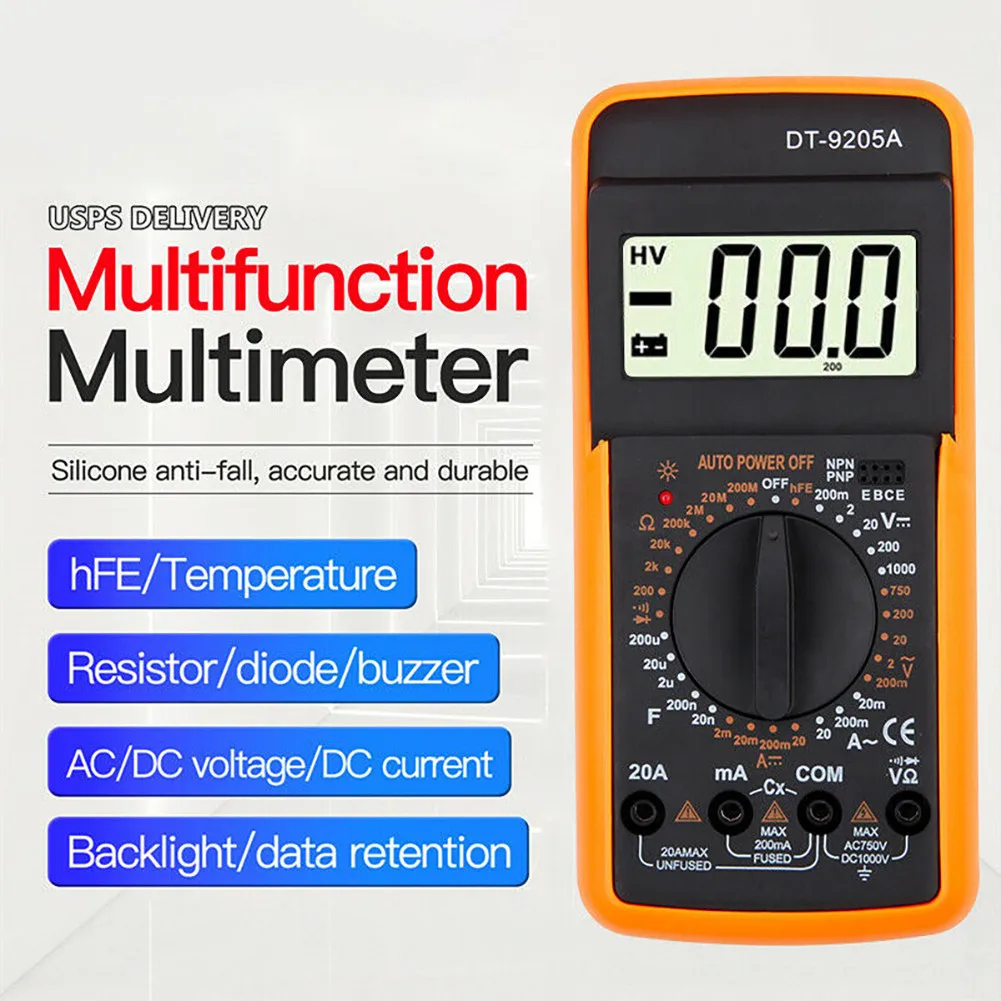 DT9205-A Digital Multimeter Professional Voltmeter Ammeter Ohmmeter Volt AC DC Tester Meter Electric Tools 32 Gears 9V 6F22
DT9205-A Digital Multimeter Professional Voltmeter Ammeter Ohmmeter Volt AC DC Tester Meter Electric Tools 32 Gears 9V 6F22