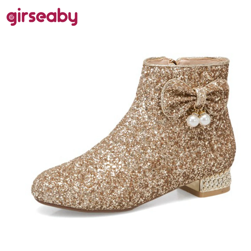 

Girseaby Princess Ankle Boots Bowtie Pearl Crystal Sequined Cloth Round Toe Shiny Zip 2.5cm Short Heel US12 Gold Silver A4214
