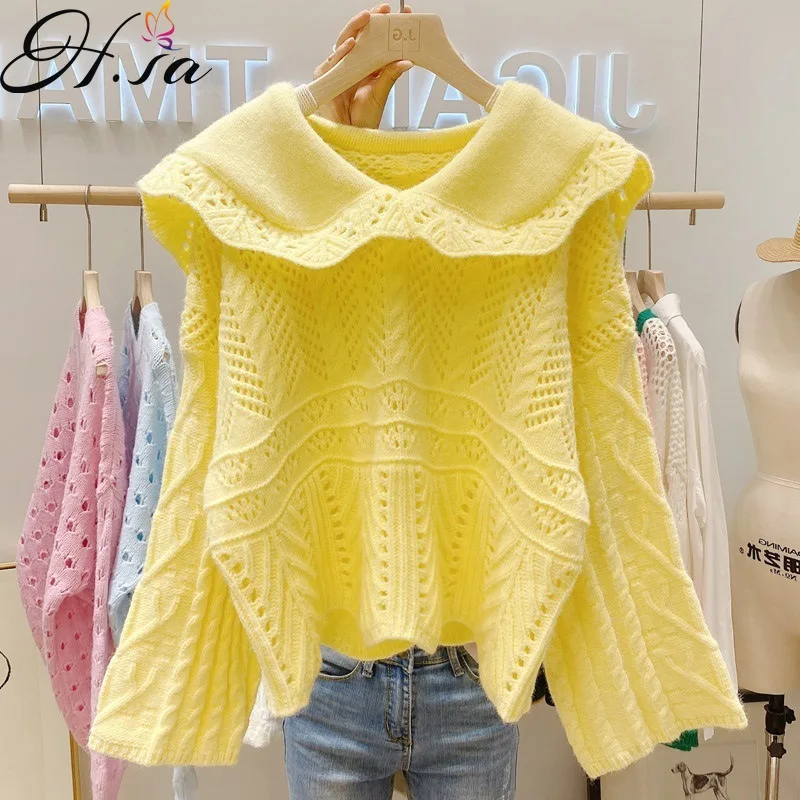 HSA Fall New hollow out sweater women's loose trumpet sleeve Cute Pullover Sweater 2021 autumn sweet Petpan Collar Jumpers
HSA Fall New hollow out sweater women's loose trumpet sleeve Cute Pullover Sweater 2021 autumn sweet Petpan Collar Jumpers