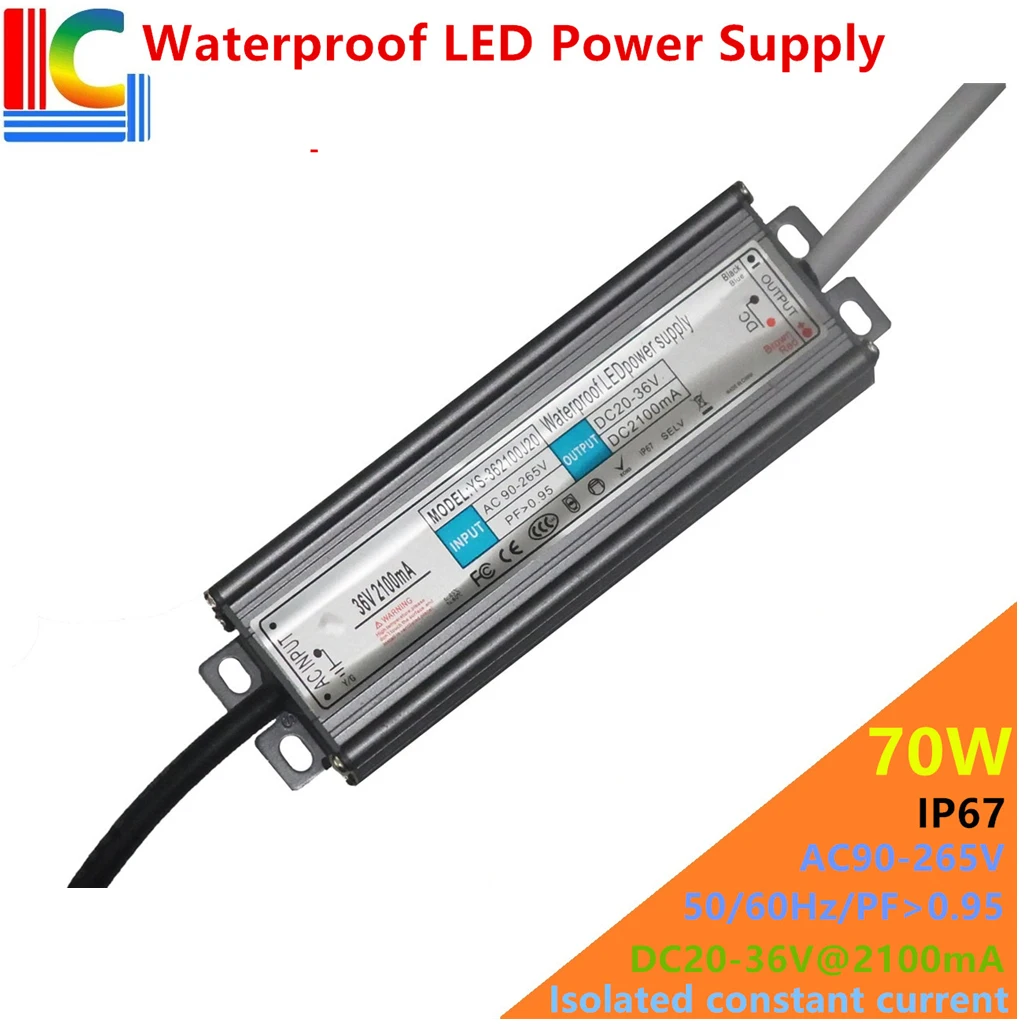 70W 2100mA IP67 Waterproof Power Supply 25V to 35V LED Driver Adapter 110V 220V Floodlight Street Light Lighting transformer CE
70W 2100mA IP67 Waterproof Power Supply 25V to 35V LED Driver Adapter 110V 220V Floodlight Street Light Lighting transformer CE