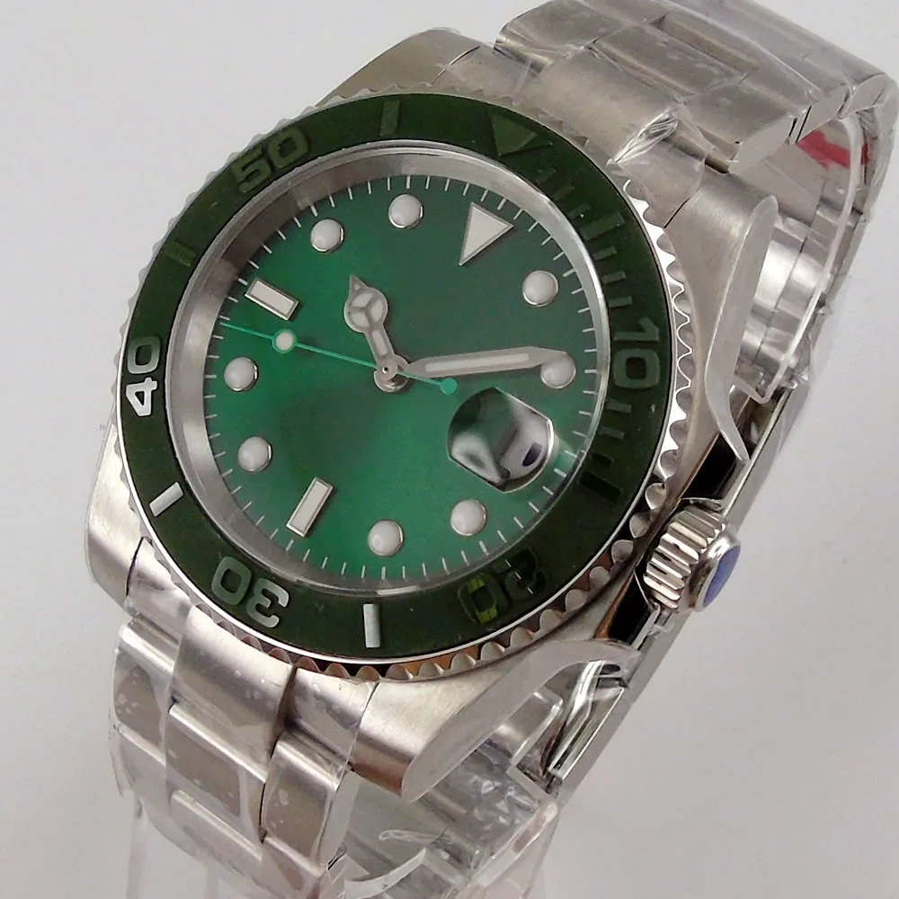 

40mm Green Sterile Dial Sapphire Glass Date Brushed Ceramic Bezel Steel Bracelet Luminous NH35 MIYOTA 8215 Movement Men's Watch