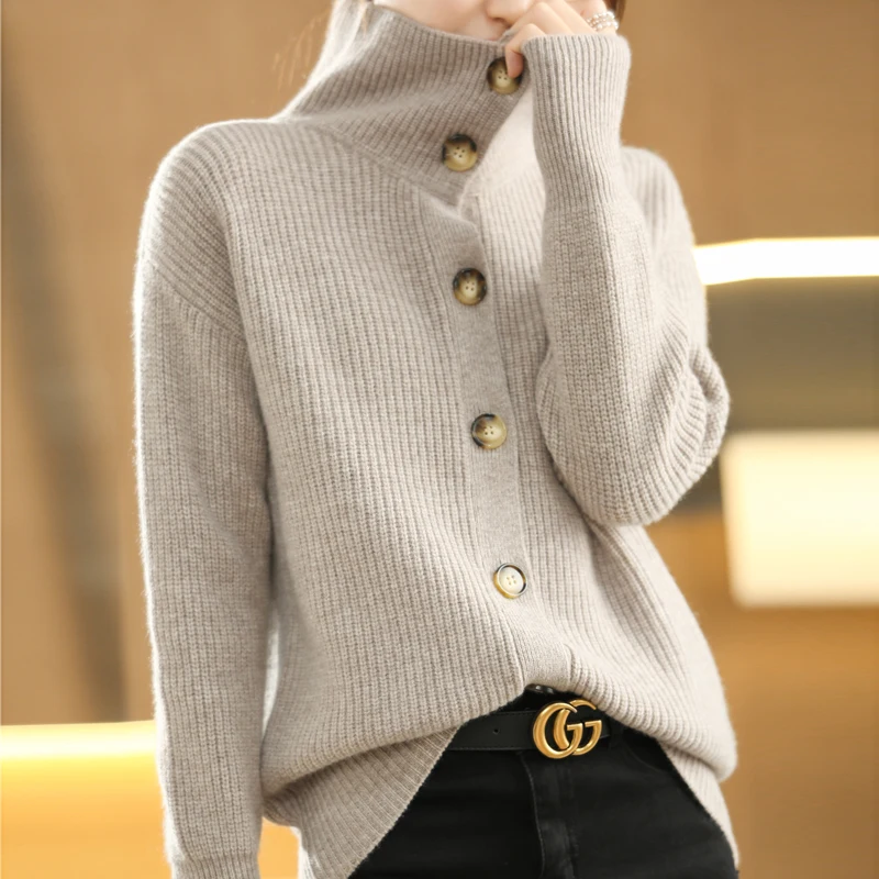 Lafarvie Turtleneck Sweater Cardigan Women Tops 100%Wool Fashion Loose Button Female Knitted Clothing Oversized Jumper Warm Coat
Lafarvie Turtleneck Sweater Cardigan Women Tops 100%Wool Fashion Loose Button Female Knitted Clothing Oversized Jumper Warm Coat