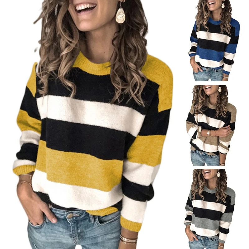 Women Long Sleeve O-Neck Sweater Contrasting Color Stripes Loose Knit Jumper Top M5TE
Women Long Sleeve O-Neck Sweater Contrasting Color Stripes Loose Knit Jumper Top M5TE