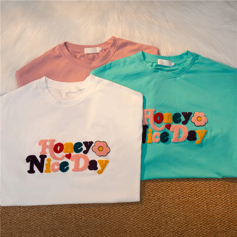 Summer Loose Casual Short Sleeve Vintage T-shirt Female Lambswool Letter Appliques Tee Tops Woman Tshirts Trendy Girl Clothes
Summer Loose Casual Short Sleeve Vintage T-shirt Female Lambswool Letter Appliques Tee Tops Woman Tshirts Trendy Girl Clothes