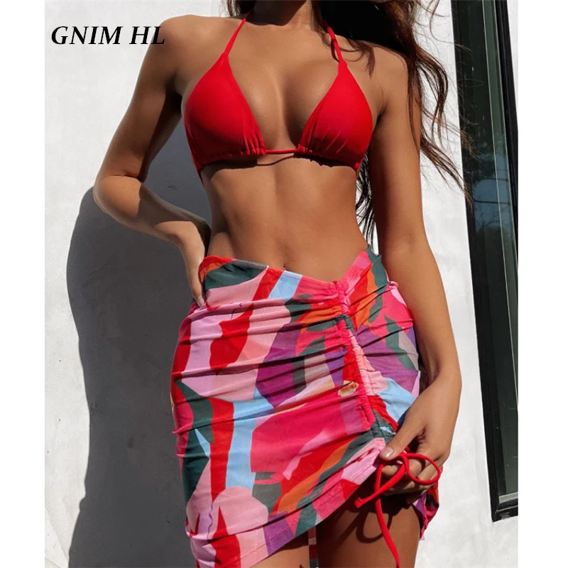 

Сексуальный треугольный купальник GNIM, Женский комплект бикини 2021, пляжная одежда из трех предметов, накидка, бразильский купальник, женское...