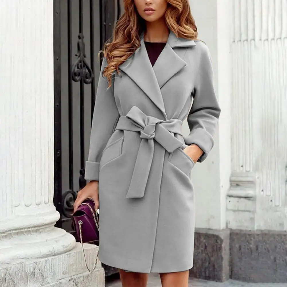 Women Coat Long Sleeve Lace-up Solid Color Cardigan Tight Waist Turn-down Collar Coats Lady Jacket Autumn Winter
Women Coat Long Sleeve Lace-up Solid Color Cardigan Tight Waist Turn-down Collar Coats Lady Jacket Autumn Winter