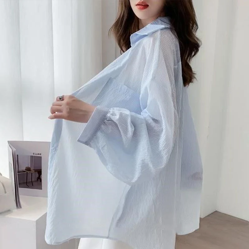 Transparent Chiffon Cardigan Women's Shirt Striped Sunscreen Top Breathable Shirts Female 2021 Summer Girls Loose Preppy Shirt
Transparent Chiffon Cardigan Women's Shirt Striped Sunscreen Top Breathable Shirts Female 2021 Summer Girls Loose Preppy Shirt