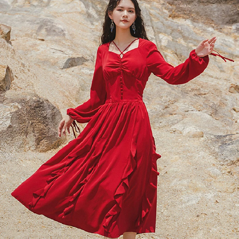 Spring Summer 2021 Long Sleeve Retro Elegant Runway Slim Party Vacation Ethnic Ruffles Dresses New Women Red Vintage Long Dress
Spring Summer 2021 Long Sleeve Retro Elegant Runway Slim Party Vacation Ethnic Ruffles Dresses New Women Red Vintage Long Dress
