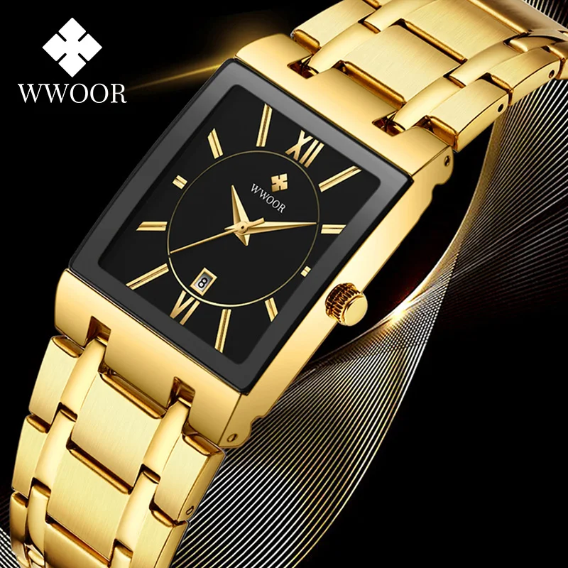 Часы Reloj Hombre 2020 WWOOR мужские с квадратным циферблатом роскошные золотые деловые