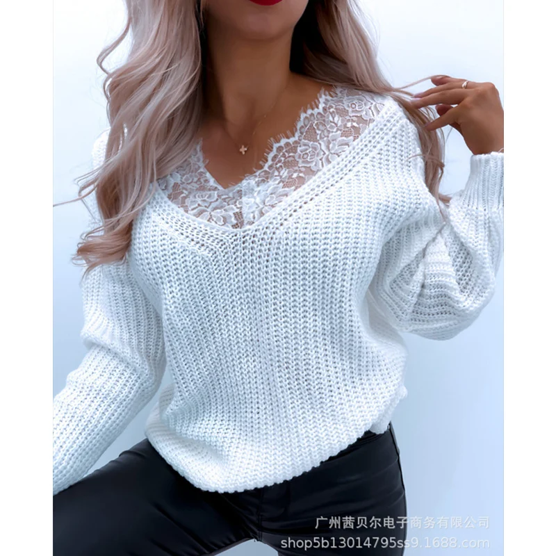 WEPBEL Women's Elegant Lace Patchwork Knitted Sweater Pullover Top Ladies Autumn Sexy Fashion Long Sleeve V Neck Knitwear
WEPBEL Women's Elegant Lace Patchwork Knitted Sweater Pullover Top Ladies Autumn Sexy Fashion Long Sleeve V Neck Knitwear