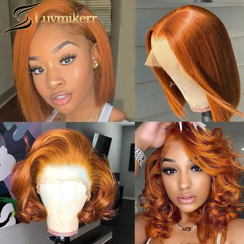 

Ginger Short Bob 13x4 Lace Frontal Human Hair Wigs Wavy Orange Colored Water Wave Lace Front Wig Women Body Wave Pixie Brazilian