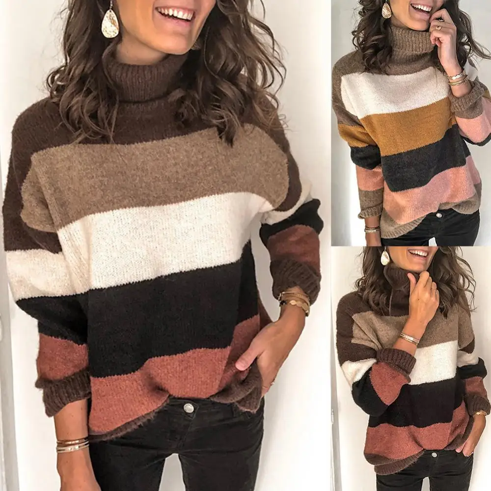 Women's Sweater 2021 Fashion Stripe Patchwork Turtle Neck Long Sleeve Autumn Winter Sweater Turtle Neck Women's Clothing свитер
Women's Sweater 2021 Fashion Stripe Patchwork Turtle Neck Long Sleeve Autumn Winter Sweater Turtle Neck Women's Clothing свитер
