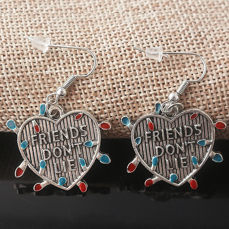 Fashion Stranger Things Friends Don't Lie Letter Earrings Choker Light Bulb Heart Charms Drop Ear For Best Friend Gift Jewelry
Fashion Stranger Things Friends Don't Lie Letter Earrings Choker Light Bulb Heart Charms Drop Ear For Best Friend Gift Jewelry
