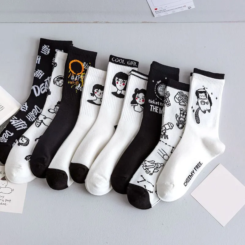 Fashion Black White Socks Women Cotton Knitting Cartoon Cute Crew Socks Casual Breathable Harajuku Hip Hop Skateboard Long Socks
Fashion Black White Socks Women Cotton Knitting Cartoon Cute Crew Socks Casual Breathable Harajuku Hip Hop Skateboard Long Socks