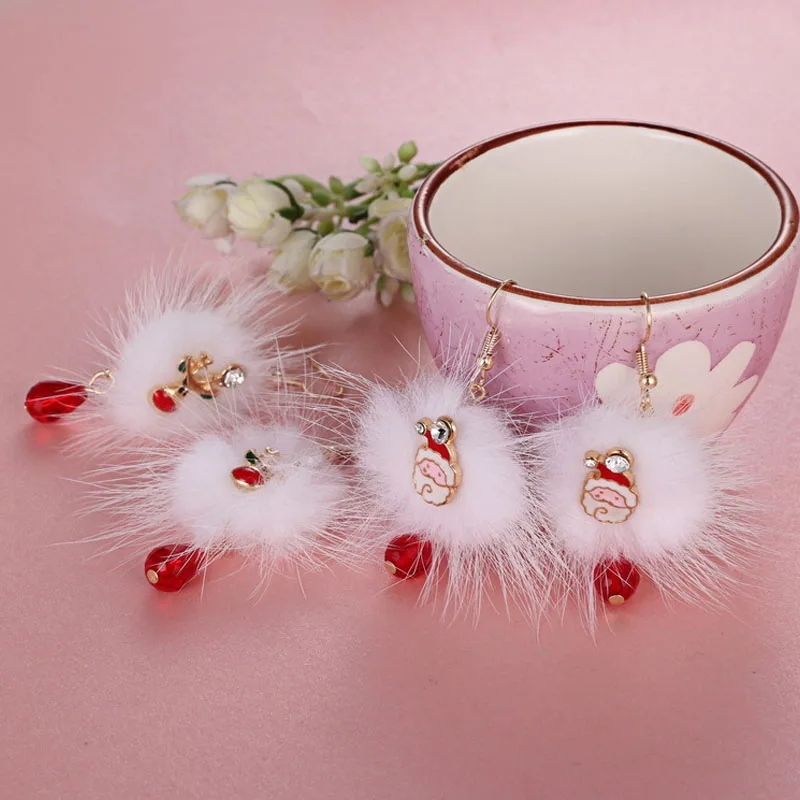 

New Fur Pompon Snowflake Crystal Reindeer Santa Claus Christmas Earrings For Women Fashion Jewelry