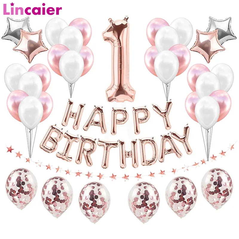 

37pcs First Happy Birthday Banner Rose Gold Confetti Balloons My 1st 1 One Year Party Decorations Kids Baby Boy Girl 2 3 4 5 6 7
