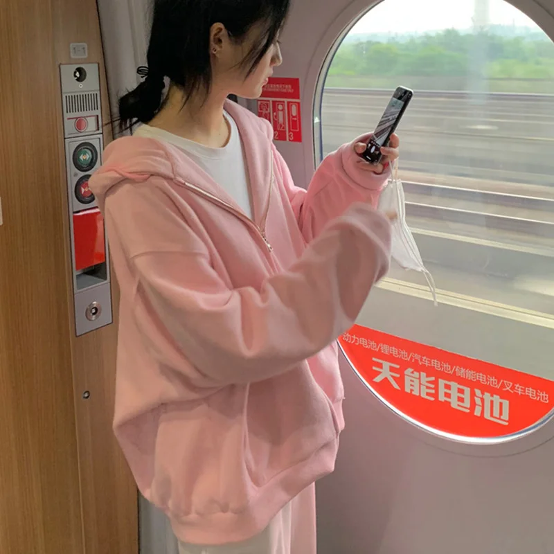 Женский свитшот на молнии, тонкий свободный розовый свитшот большого размера в Корейском стиле для студентов, весна-осень 2021 
Женский свитшот на молнии, тонкий свободный розовый свитшот большого размера в Корейском стиле для студентов, весна-осень 2021