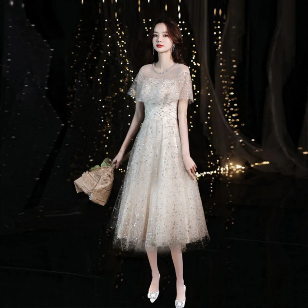 Элегантное вечернее платье цвета шампанского с круглым вырезом и молнией на спине 
Элегантное вечернее платье цвета шампанского с круглым вырезом и молнией на спине