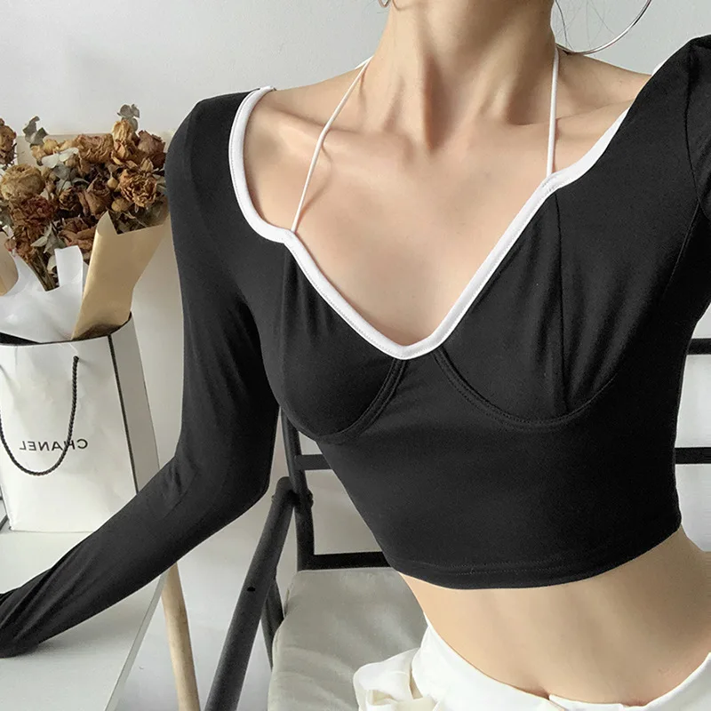 Spring 2021 and Autumn Solid Color Long-sleeved T-shirt Women's V-neck Halter Neck Low-cut Top Ladies Urban Beauty Daily Commute
Spring 2021 and Autumn Solid Color Long-sleeved T-shirt Women's V-neck Halter Neck Low-cut Top Ladies Urban Beauty Daily Commute