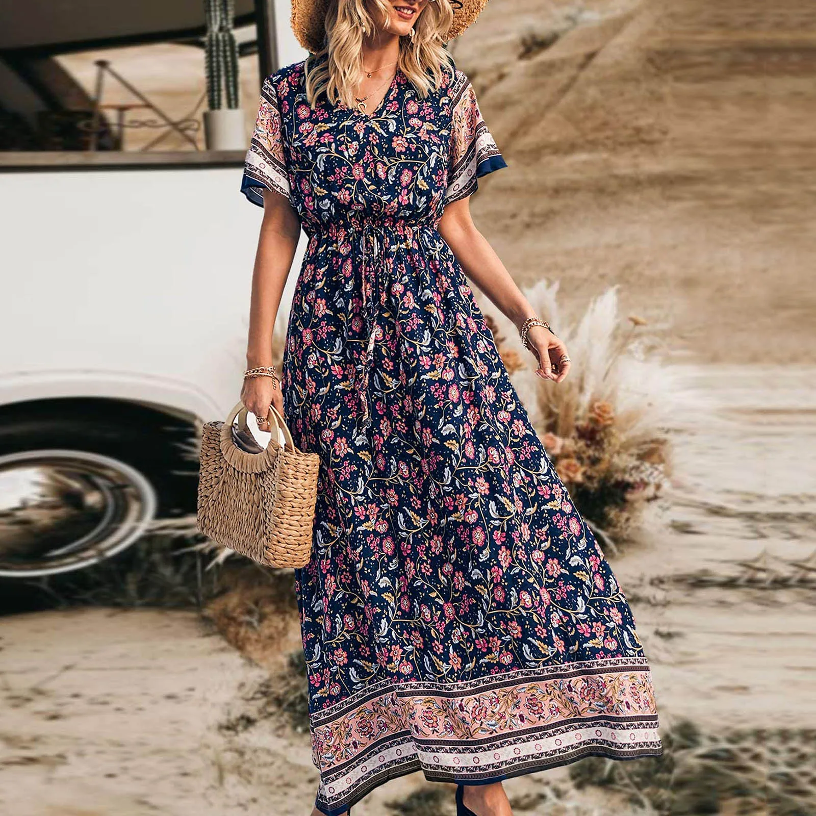 Bohemian Harajuku Dress Women's Vintage Printed Sexy V-neck Short Sleeve Summer Beach High Waist Long Dress
Bohemian Harajuku Dress Women's Vintage Printed Sexy V-neck Short Sleeve Summer Beach High Waist Long Dress