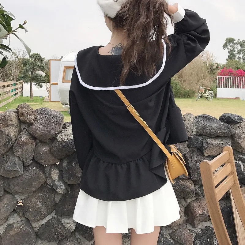 Japan Sweet Style Bow Sailor Collar Black Chiffon Blouse Female Spring Autumn Kawaii Women's Clothing Loose Long Sleeve Shirts
Japan Sweet Style Bow Sailor Collar Black Chiffon Blouse Female Spring Autumn Kawaii Women's Clothing Loose Long Sleeve Shirts