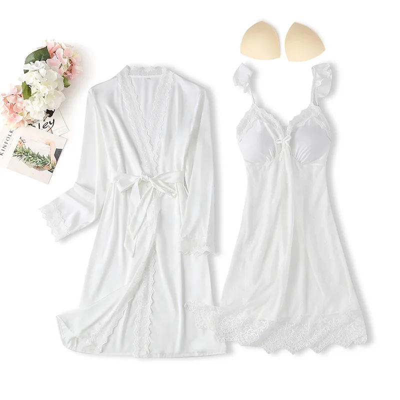 Lace Kimono Gown 2PCS Robe Set Women Chemise Nightwear Sexy Satin Intimate Lingerie With Pads Strap Nightgown& Bathrobe Suit
Lace Kimono Gown 2PCS Robe Set Women Chemise Nightwear Sexy Satin Intimate Lingerie With Pads Strap Nightgown& Bathrobe Suit