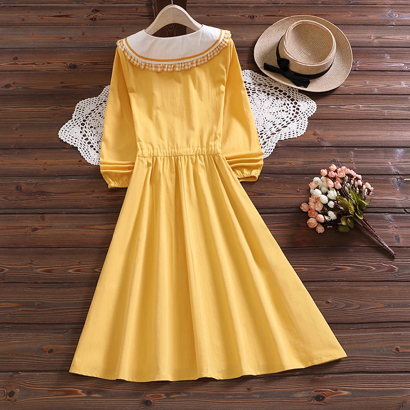 New Japanese Preppy Style Women Dress Peter Pan Collar Patchwork Yellow Fruit Embroidery Dress Cute Kawaii Girl's Dress With Tie 
New Japanese Preppy Style Women Dress Peter Pan Collar Patchwork Yellow Fruit Embroidery Dress Cute Kawaii Girl's Dress With Tie