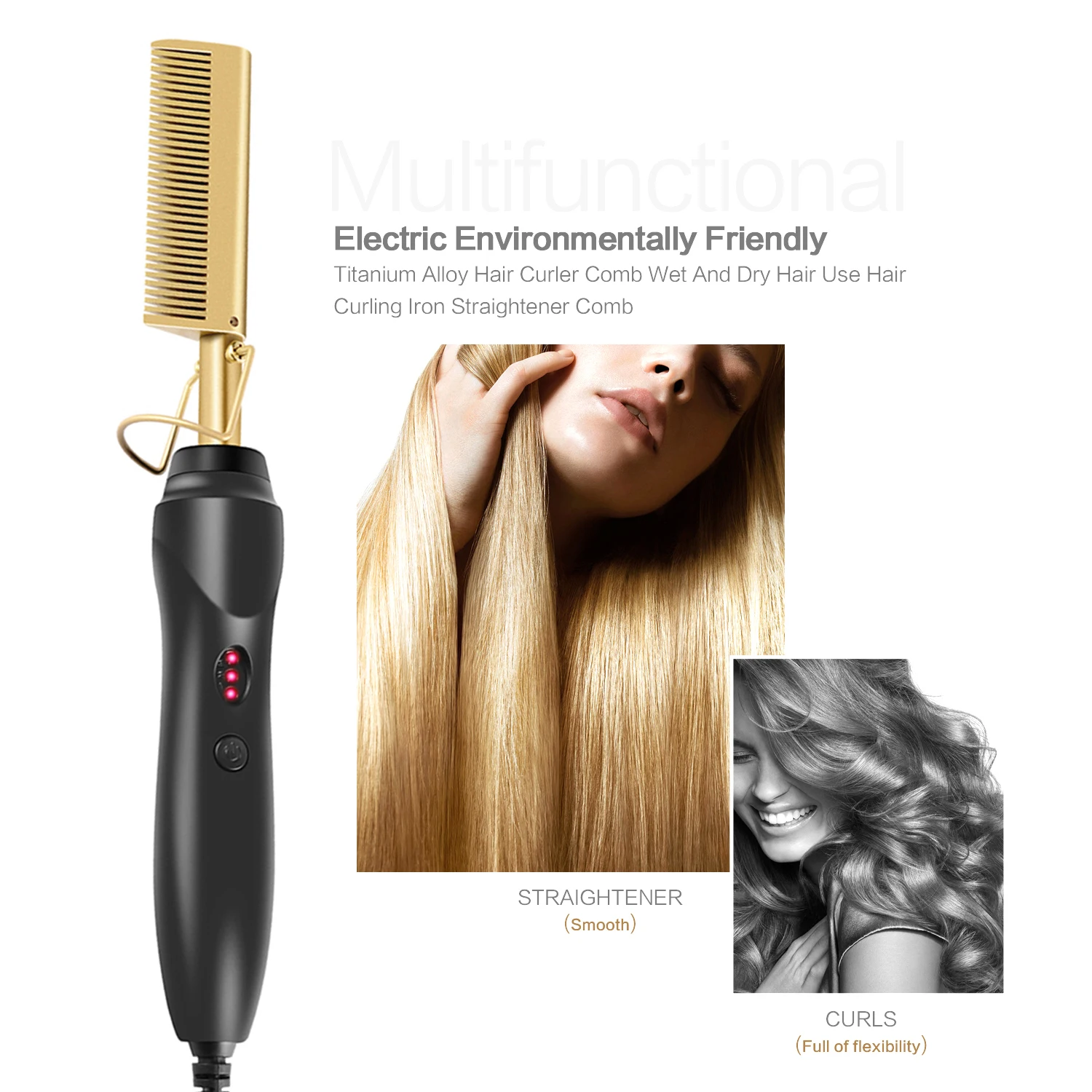 Multifunctional hair straightener Flat ironing wet use brush comb Hot heating hair Straight stylish curling iron hair curler com
Multifunctional hair straightener Flat ironing wet use brush comb Hot heating hair Straight stylish curling iron hair curler com
