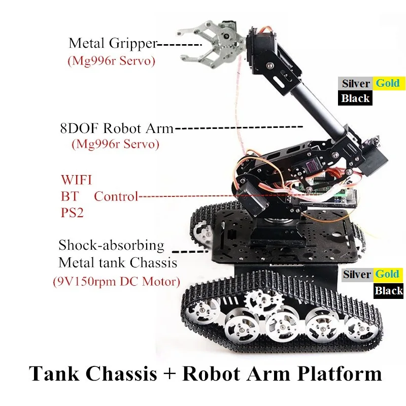 Wifi/ BT/ PS2 Control Robotic Mobile Platform Shock-absorbing Tank Chassis And 7DOF Metal Robot Arm With Gripper Arduino DIY
Wifi/ BT/ PS2 Control Robotic Mobile Platform Shock-absorbing Tank Chassis And 7DOF Metal Robot Arm With Gripper Arduino DIY
