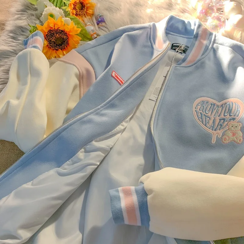 Punk E-girl baseball uniform Korean preppy style sweet kawaii long sleeve jacket Harajuku streetwear autumn Zip-up outerwear | Женская