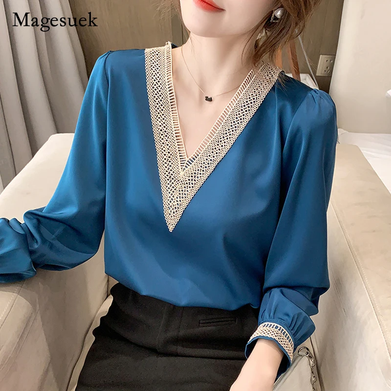 Elegant Lace Chiffon Satin Shirt Women Autumn New Long Sleeve V Neck Loose Woman Blouses Office Lady Tops Female Clothing 16134
Elegant Lace Chiffon Satin Shirt Women Autumn New Long Sleeve V Neck Loose Woman Blouses Office Lady Tops Female Clothing 16134