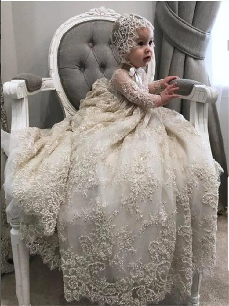 

Luxury White Ivory Christening Gown Lace Pearls Baby Girls Baptism Dresses Toddler Infant With Bonnet