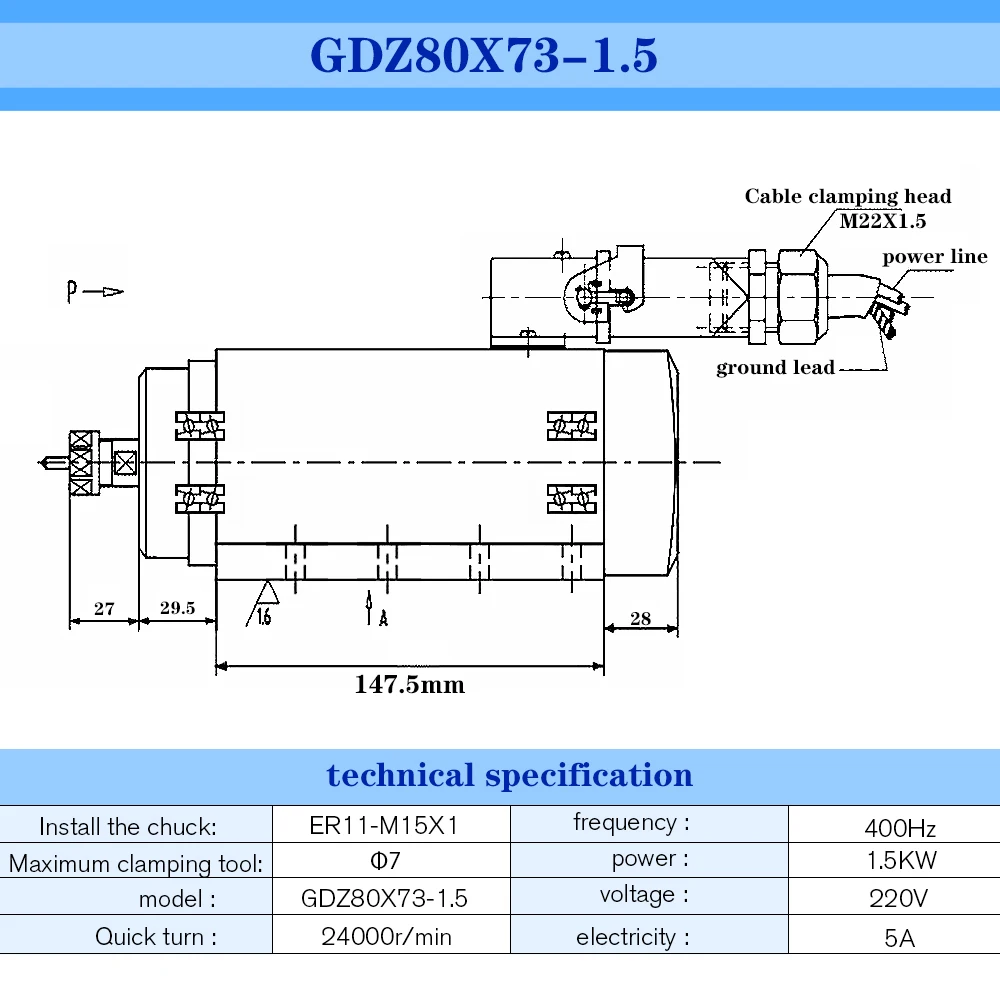 EU CNC Machine Tool Spindle 1500w 1.5kw 24000RPM 400hz ER11 air cooling spindle motor 3 phase input +7 pcs ER11 collets 1-7mm
EU CNC Machine Tool Spindle 1500w 1.5kw 24000RPM 400hz ER11 air cooling spindle motor 3 phase input +7 pcs ER11 collets 1-7mm