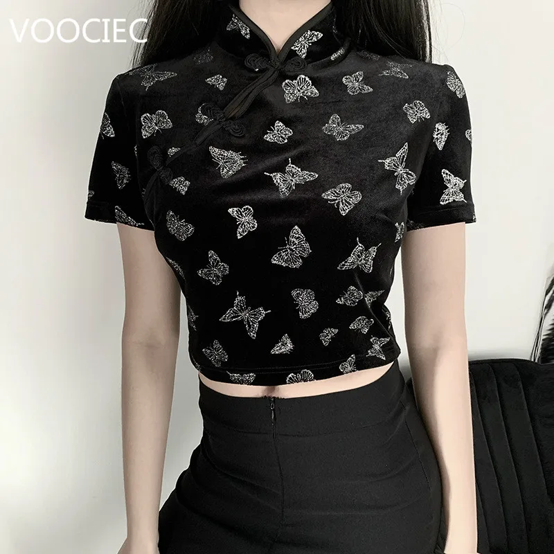 VOOCIEC Cheongsam Neck Chinese Style Black Bodycon Crop Tops Ins Gothic Butterfly Print Vintage Tops Women Gothic Harajuku
VOOCIEC Cheongsam Neck Chinese Style Black Bodycon Crop Tops Ins Gothic Butterfly Print Vintage Tops Women Gothic Harajuku