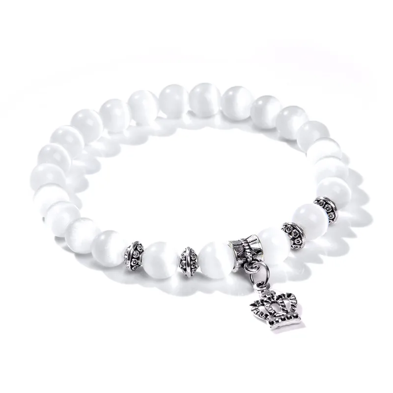 Women Lucky silver color dragonfly animal charm white Cat Eye bracelets 8mm glass stone Beads Bracelet friendship jewelry gifts | Украшения