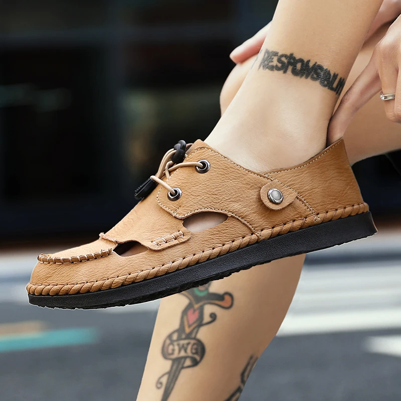 Summer Sandals Men Casual Leather Roman Sandals Outdoor Fashion Hollow Out Beach Sandals Comfortable Toe Cap Sandalias Hombre 
Summer Sandals Men Casual Leather Roman Sandals Outdoor Fashion Hollow Out Beach Sandals Comfortable Toe Cap Sandalias Hombre