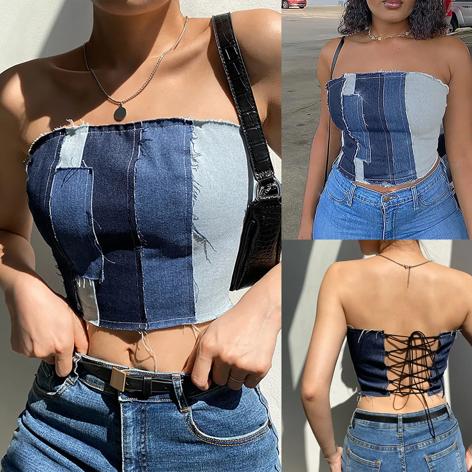 Fashion Crop Top Women Sexy Street Halter Backless Corset Top Denim Stitching Edge Ladies Tops
Fashion Crop Top Women Sexy Street Halter Backless Corset Top Denim Stitching Edge Ladies Tops