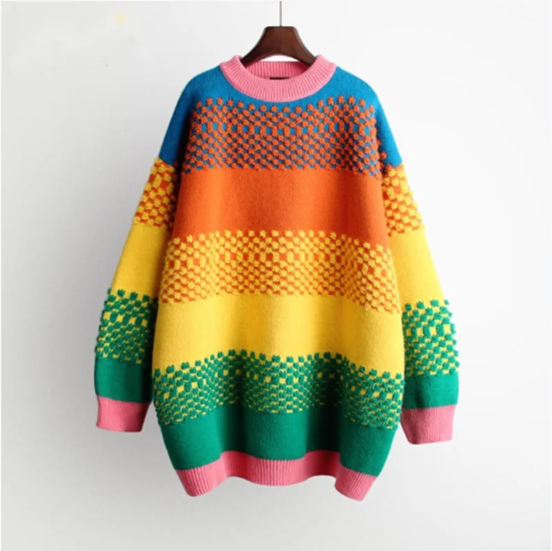 Mid-length Rainbow Temperament Striped Sweater Women's Pullover Round Neck Long-sleeved Loose Jacket 2021 Autumn Winter New
Mid-length Rainbow Temperament Striped Sweater Women's Pullover Round Neck Long-sleeved Loose Jacket 2021 Autumn Winter New